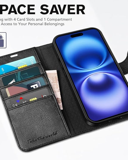 TUCCH Wallet Case for iPhone 16, Kickstand [RFID Blocking] 4 Card Slots [Protective TPU Interior Case], PU Leather Magnetic Shockproof Flip Cover Compatible with iPhone 16, Textured Black