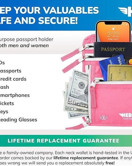 Hero Travel Supply Neck Wallet, RFID Blocking Passport Holder, Easy to Conceal Pouch (Hot Pink)