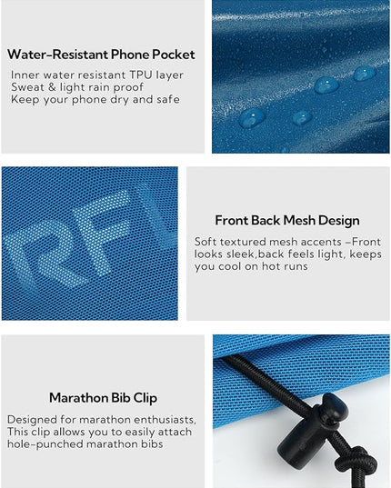 WATERFLY Running Belt Fanny Pack: Breathable 3 Pocket Waist Bag for Men Women Workout Exercise Fitness Phone Holder Fits All Phones - Runner Marathon Jogging Race Belt with Bib Clip Blue