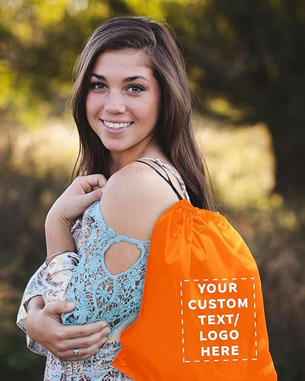DISCOUNT PROMOS Custom Classic Polyester Drawstring Bagpack Set of 10/50/100, Personalized Bulk Pack - Great for Travelling, Gym and for Everyday Use - Orange