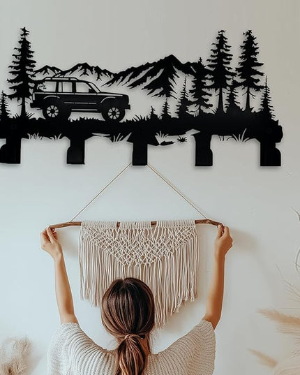 Metal Car Coat Hooks and Key Holder, Mountain Design Wall Art Decor with 5 Hooks, Clothes Hat Rack, and Backpack Hanger, Storage Decor for Living Room, Hallway, Office, Kitchen, Entryway, and Bedroom