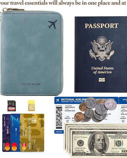 Passport Holder for Travel Women and Men RFID Passport Holder with Card Slots Holder Passport Case Passport cover Passport Wallet Travel Essentials and Accessories (Short Zipper, SZH-Blue)