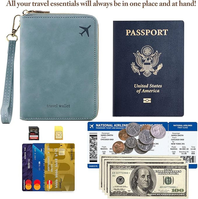 Passport Holder for Travel Women and Men RFID Passport Holder with Card Slots Holder Passport Case Passport cover Passport Wallet Travel Essentials and Accessories (Short Zipper, SZH-Blue)