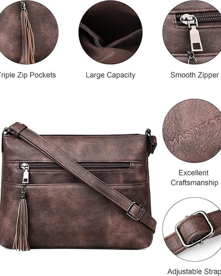 MASINTOR Crossbody Bags for Women, Lightweight Medium Crossbody Purse, Soft Leather Women's Shoulder Handbags with Tassel