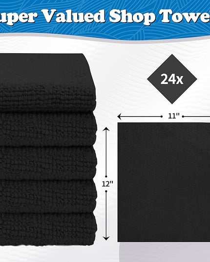 FIXSMITH Microfiber Cleaning Cloth, Shop Towels Bulk, 24 Pack Black Microfiber Towels for Cars, All-Purpose Absorbent Cleaning Rags, Dust Cloth for Automotive, Mechanic, Garage, Bar, 12 x 11 inch