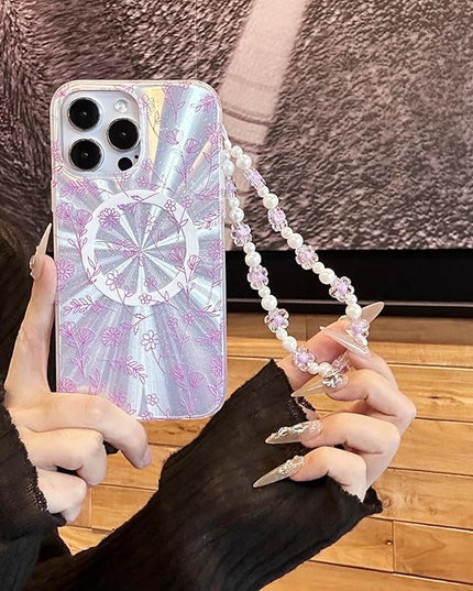 Compatible with iPhone 15 Pro Cases,Cute Flower Phone case with Floral Pearl Chain,Compatible MagSafe Silicone Shockproof Phone case for Women and Teenage Girls.