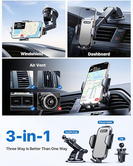 andobil Car Phone Holder Mount (Strong Suction&Bumpy Road Stable) Phone Holders for Your Car, Cell Phone Car Mount for Windshield Dash Vent Truck Cradle Stand for iPhone 17 16 15 14 Pro Max Grey