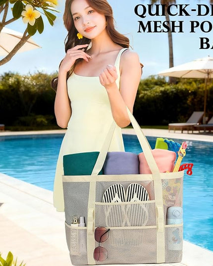 Mesh Beach Bag, Large Beach Tote with Zipper Pocket, Toys Pool Bag for Family Travel Vacation Cruise Essentials