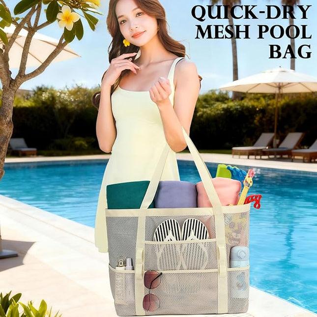 Mesh Beach Bag, Large Beach Tote with Zipper Pocket, Toys Pool Bag for Family Travel Vacation Cruise Essentials
