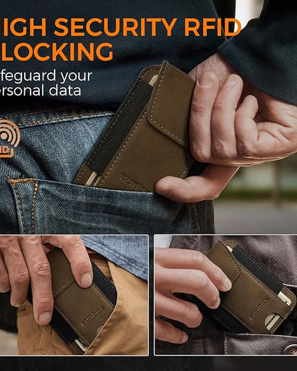 RUNBOX Slim Wallet for Men Front Pocket wallet with Cash Strap Minimalist Leather RFID Blocking wallet