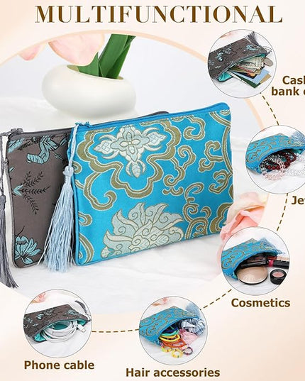 kilofly 2 pc Chinese Silk Brocade Padded Tassel Zipper Jewelry Bag Gift Pouch set2 B