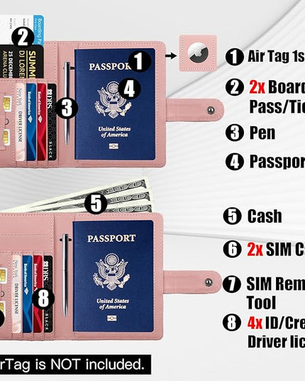GOAUS Passport Holder for Travel with AirTag Slot Cards Cash Pocket, Faux Leather Travle Wallet Gifts for Women Men RFID Blocking Book Case Pink, AirTag Not Included