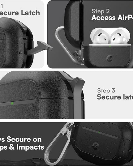 Keybudz for AirPods 4 Case with Lock - Fully Waterproof AirPods 4th Generation Case Cover - Keychain, Rugged Tough Protection, Hard Shell and Carabiner (Carbon Black)