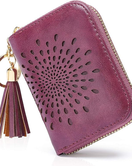 APHISON RFID Credit Card Holder Zipper Card Case Keychain Small Wallet for Women 1927 PURPLISH-RED