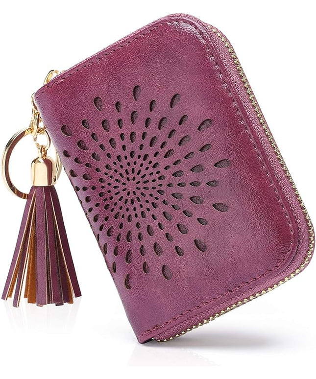 APHISON RFID Credit Card Holder Zipper Card Case Keychain Small Wallet for Women 1927 PURPLISH-RED