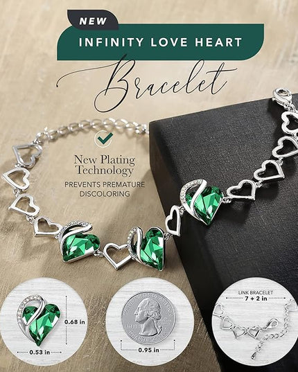 Leafael Infinity Love Heart Link Bracelets, Birthstone or Healing Stone Crystal Bracelet for Women, Silver Tone Jewelry Gifts for Her, 7-inch Chain and 2-inch Extender