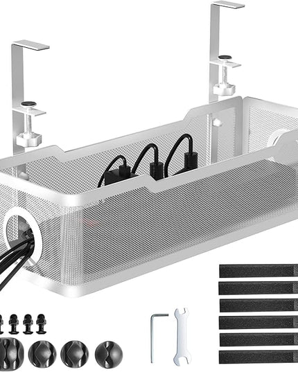 Under Desk Cable Management Tray White, Cinati Wire Organizers No Drill, Cable Tray with Clamp for Wire Management, Cord Organization Box for Office, Home - No Damage to Desk