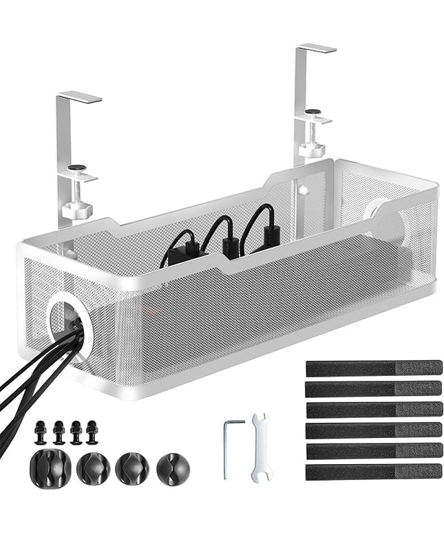 Under Desk Cable Management Tray White, Cinati Wire Organizers No Drill, Cable Tray with Clamp for Wire Management, Cord Organization Box for Office, Home - No Damage to Desk