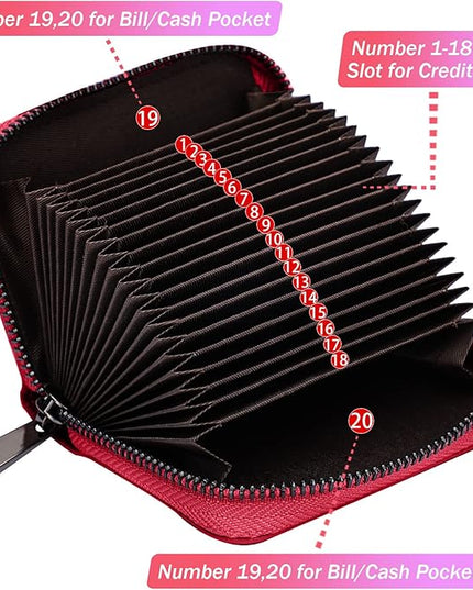 Linno RFID 20 Slots Credit Card Holder Genuine Leather Small Wallet for Women or Men with Zipper