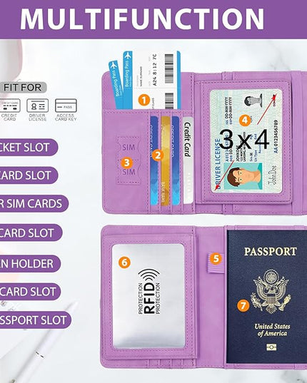 Melsbrinna RFID Passport Holder for Travel, Unisex Adults, Purple, Faux Leather, Travel Wallet, Passport Cover, RFID Protected