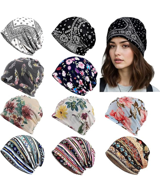 Tergy 4/10/12 Pieces Unisex Beanie Hats for Men Women Slouchy Beanie Hip-Hop Caps Lighweight Soft Skull Caps for Chemo Sleep
