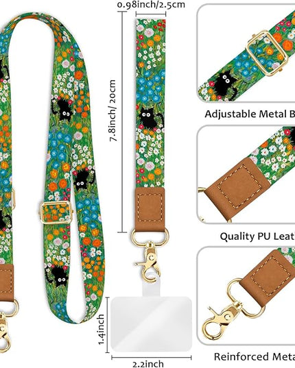 Phone Lanyard Crossbody Wrist Strap, Black Cat Flower Cell Phone Lanyards for Around the Neck Wristlet Shoulder, Adjustable Cute Strap for Car Keys Keychain Wallet ID Badge