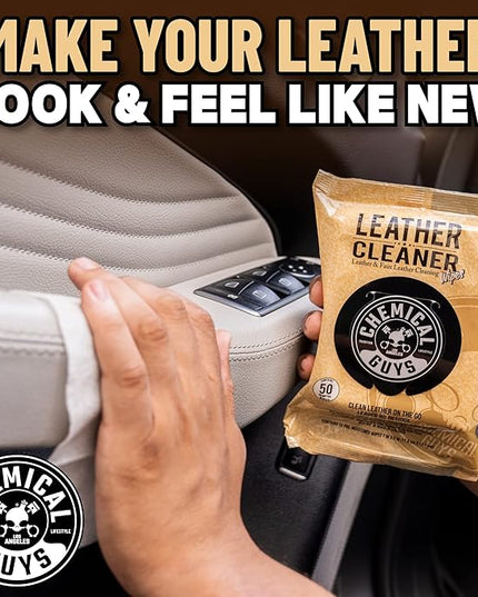 Chemical Guys Leather Cleaner Wipes Mega 50 Pack - Interior Leather Wipes for Cars, Natural, Synthetic, Faux & Pleather Surfaces, Safe for Cars, Trucks, Furniture, Boots & More, Convenient 50 Count