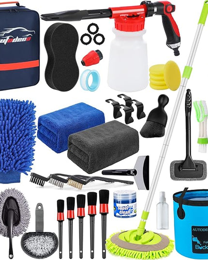 AUTODECO 42Pcs Car Wash Detailing Kit Cleaning Set with Foam Gun Sprayer, Long-Handle Brush, Collapsible Bucket, Large Wash Mitt, Towels, Complete Interior & Exterior Car Washing Supply Set (Blue)