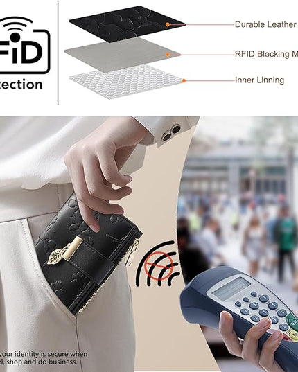 yiijay Small Wallet Women RFID Blocking Leather Bifold Wallet Credit Card Holder for Women Ladies Compact Wallet Mini Purse With Zipper Pocket