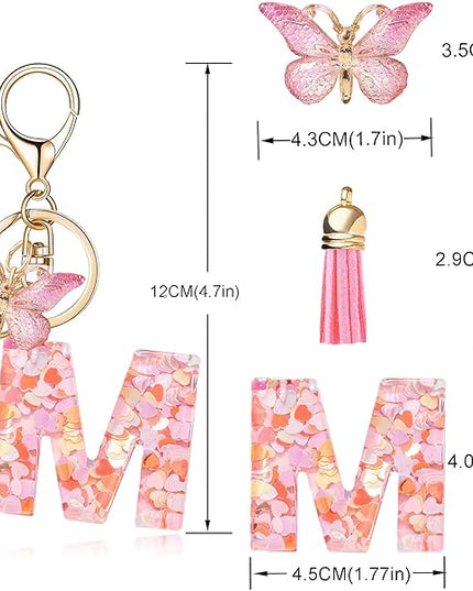 Fashion Alphabet Initial Letter Keychain Tassel Butterfly Pendant Key Ring for Purse Handbags Women Girl
