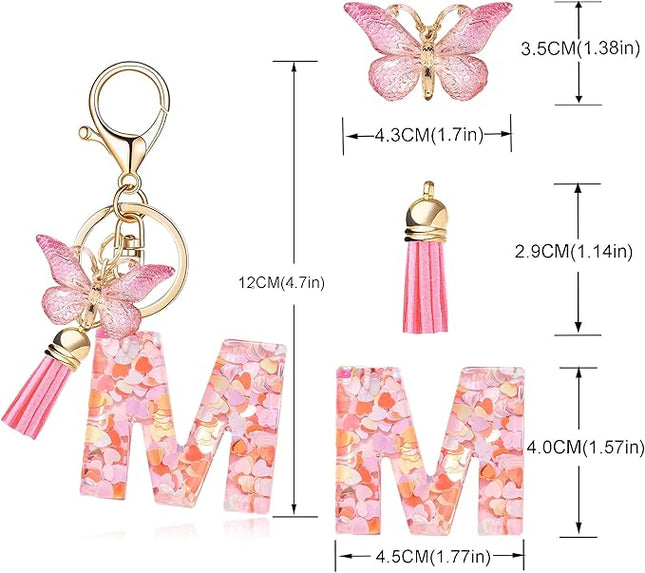 Fashion Alphabet Initial Letter Keychain Tassel Butterfly Pendant Key Ring for Purse Handbags Women Girl