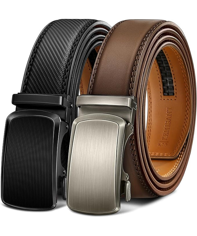 KEMISANT Men Belt 2 Pack, Leather Ratchet Belt Easy Click Slide For Men 1 3/8",Cut for Fit