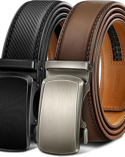 KEMISANT Men Belt 2 Pack, Leather Ratchet Belt Easy Click Slide For Men 1 3/8",Cut for Fit