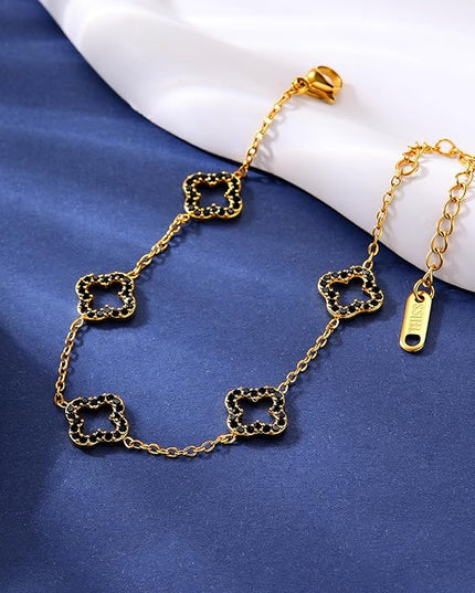 CLAIRETTE Premium PVD Gold-Plated Clover Lucky Bracelet for Women Flower Four Leaf Link Bracelets Trendy Jewelry Gifts for Women