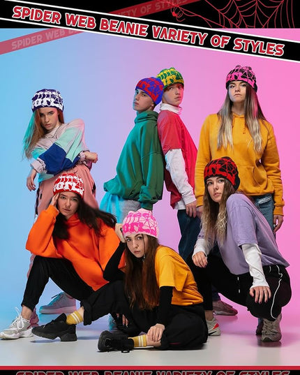 Toulite 12 Pieces Y2K Spider Web Beanie Gothic Graphic Beanies Outdoor Winter Warm Knitted Hat for Men Women