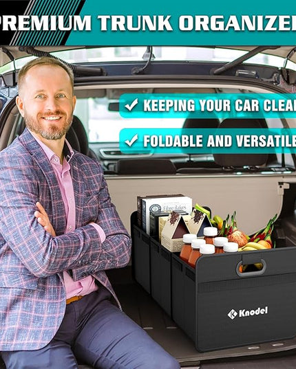 K KNODEL Car Trunk Organizer, Foldable Organizer for Car, Automotive Consoles & Organizers, 3 Compartments Storage with Reinforced Handles (Large, Black)