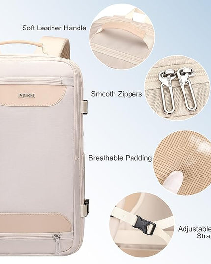 PIJUSHI Travel Backpack for Women Flight Approved Carry on Bag 16 inch Laptop Personal Item Daypack with Shoe Compartment(PE038 Beige)
