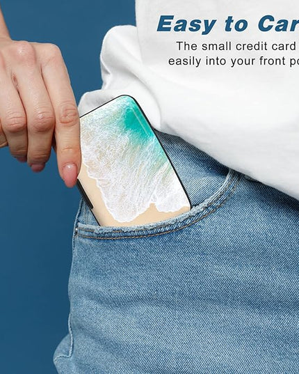 Atufsuat Credit Card Holder, Mini Aluminum Card Wallet RFID Blocking Slim Metal Hard Card Case for Women Men, Beach