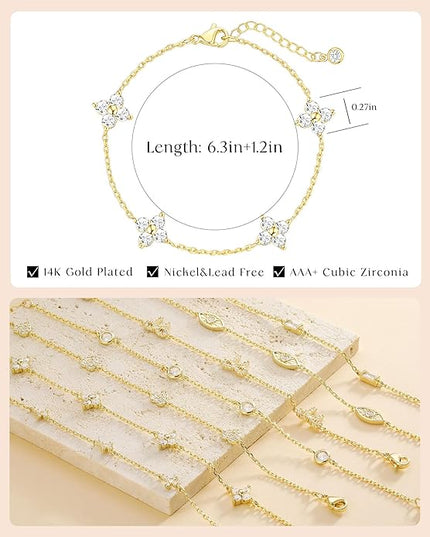FUNEIA Dainty Silver Gold Bracelets for Women Trendy Non Tarnish 14K Gold Plated Waterproof Diamond Bracelets Cute Stackable Heart Butterfly Clover Cross Evil Eye Charm Bracelet Stack Jewelry Gifts