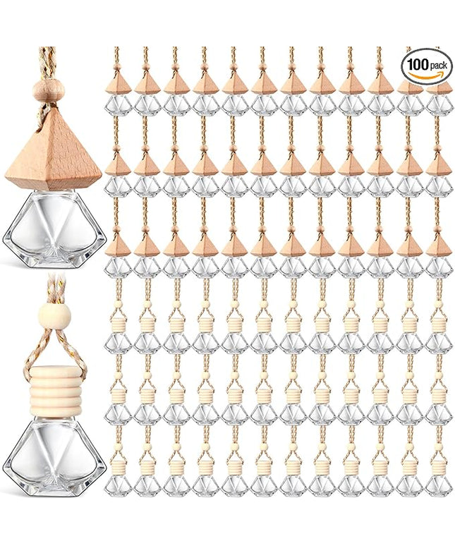 BBTO 100 Pcs Car Air Fresheners Diffuser with Wooden Cap Empty Aromatherapy Diffuser Clear Car Fragrance Holder Pendant Hanging Perfume Fresheners Bottles for Car Decor (Clear Diamond)