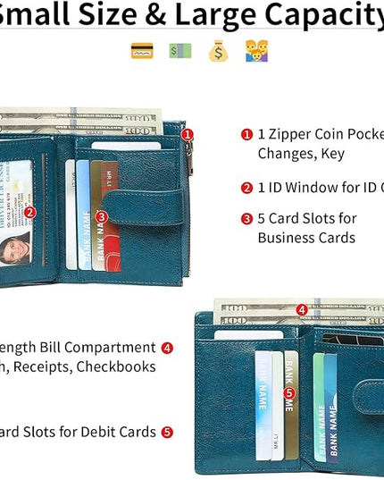 GAEKEAO Small Wallet for Women, Bifold Leather RFID Blocking Ladies Compact Card Holder with Zipper Pocket & ID Window
