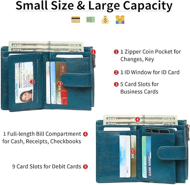 GAEKEAO Small Wallet for Women, Bifold Leather RFID Blocking Ladies Compact Card Holder with Zipper Pocket & ID Window