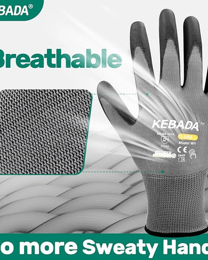Kebada W1 Work Gloves for Men and Women, PU Coated Safety Gloves with Grip, Touchscreen, Ideal for Warehouse Work, Construction, Gardening, 12 Pairs Gray X-Large