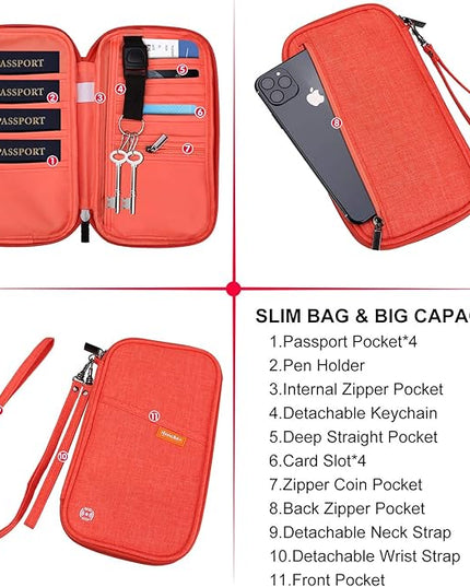 RFID Family Passport Wallet Holder Waterproof, Travel Document Organizer Credit Card Clutch Bag for Men Women (RFID Orange)
