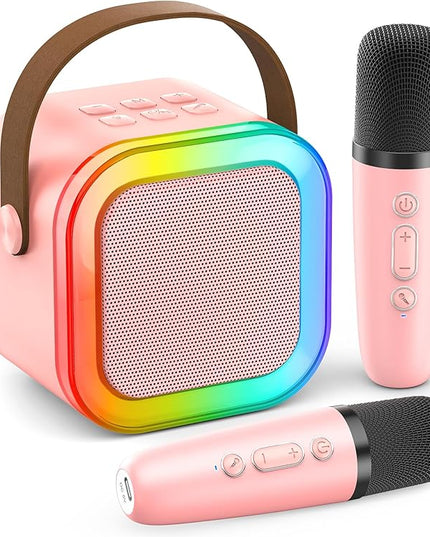 Karaoke Machine for Kids Adults, Portable Bluetooth Mini Karaoke Microphone Singing Speaker with 2 Mic and Light,Toys for All Smartphones,Birthday, Family,Home Party (Pink)
