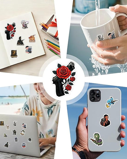 100 PCS Funny Gun Stickers Pack – Tactical Military Army Parody Vinyl Decals for Laptop, Car, Water Bottle, Scrapbook, Hard Hat – Gifts for Men, Women, Teens Birthday Christmas