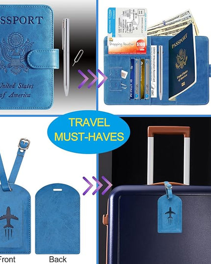 Passport Holder With Luggage Tag Cover Wallet RFID Blocking Leather Case Travel Essentials Accessories Travel Must Have(114#Blue)