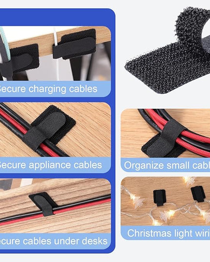 100 Pcs Hook and Loop Cable Ties, Self Adhesive Cable Management Desktop Cable Straps, Adjustable Cord Organizer for Desk Home Office Organization (Black)