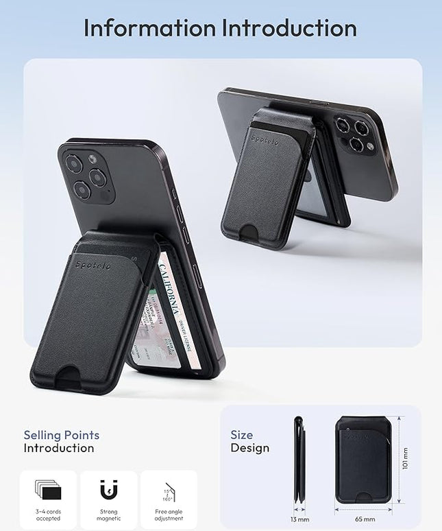 Magnetic Wallet for iPhone, Compatible with MagSafe Adjustable Stand Wallet, RIFD Blocking Leather Magnetic Card Holder for iPhone 17/16/15/14/13/12 Series, Not for iPhone 13/12 Mini(Black)