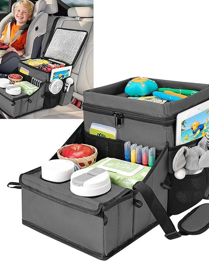 COOLBEBE Car Seat Organizer, Backseat Car Organizer with Cup Holders for Kids and Adults Travel, Cooler Compartment Passenger Seat Organizer Storage Box for Front or Middle Seat, Grey